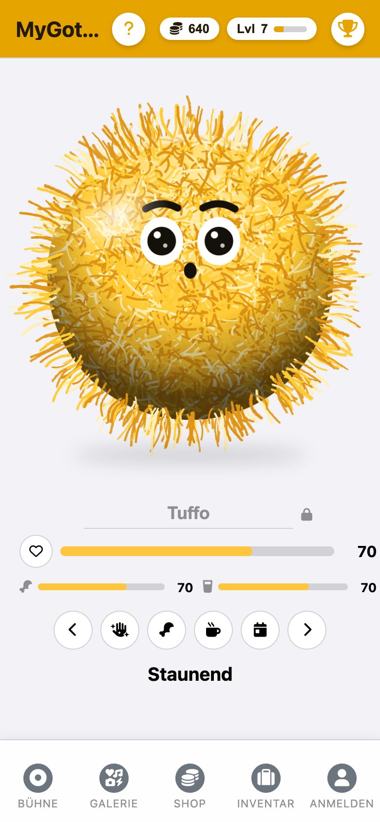 Die Bühne mit Gotchi, Balken und Pflegeknöpfen