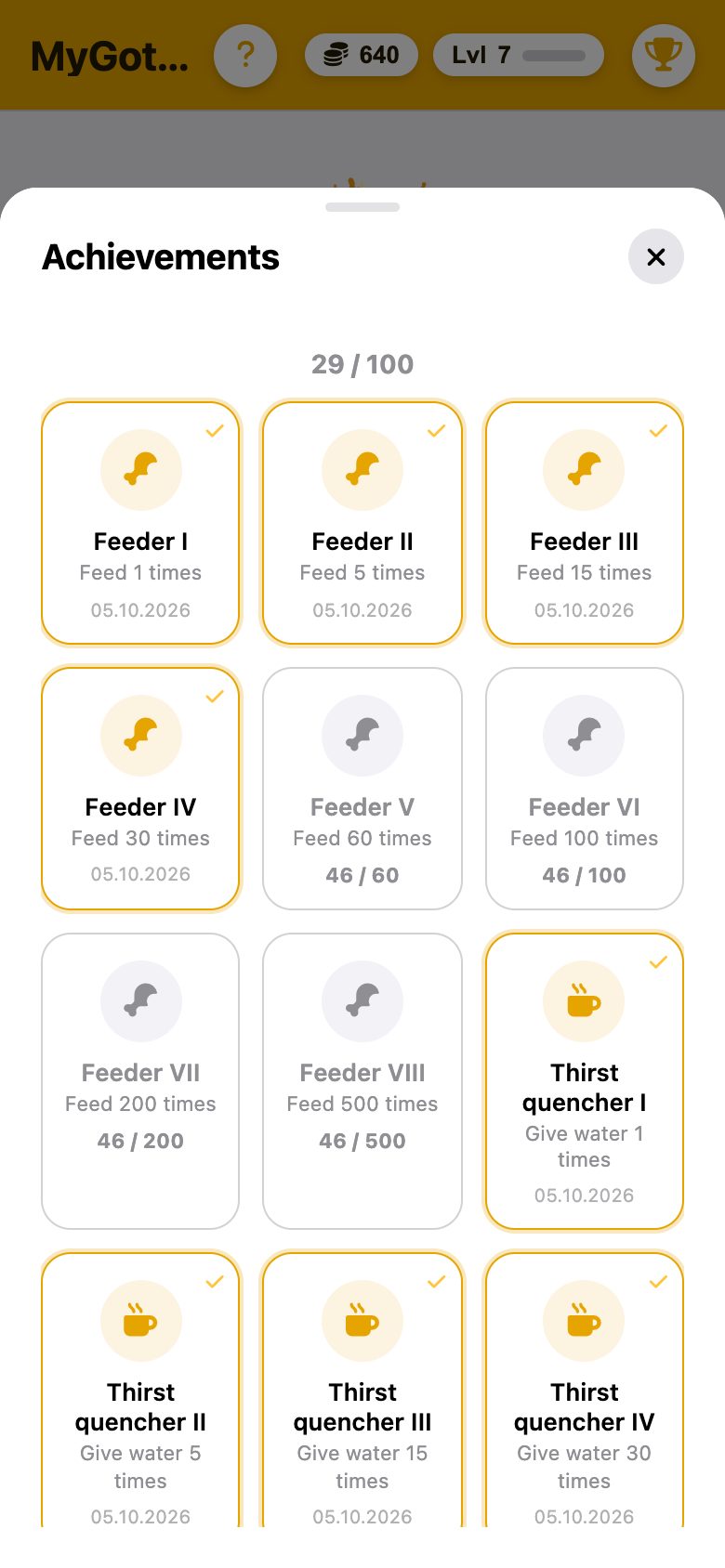 Achievements, 29 of 100 unlocked