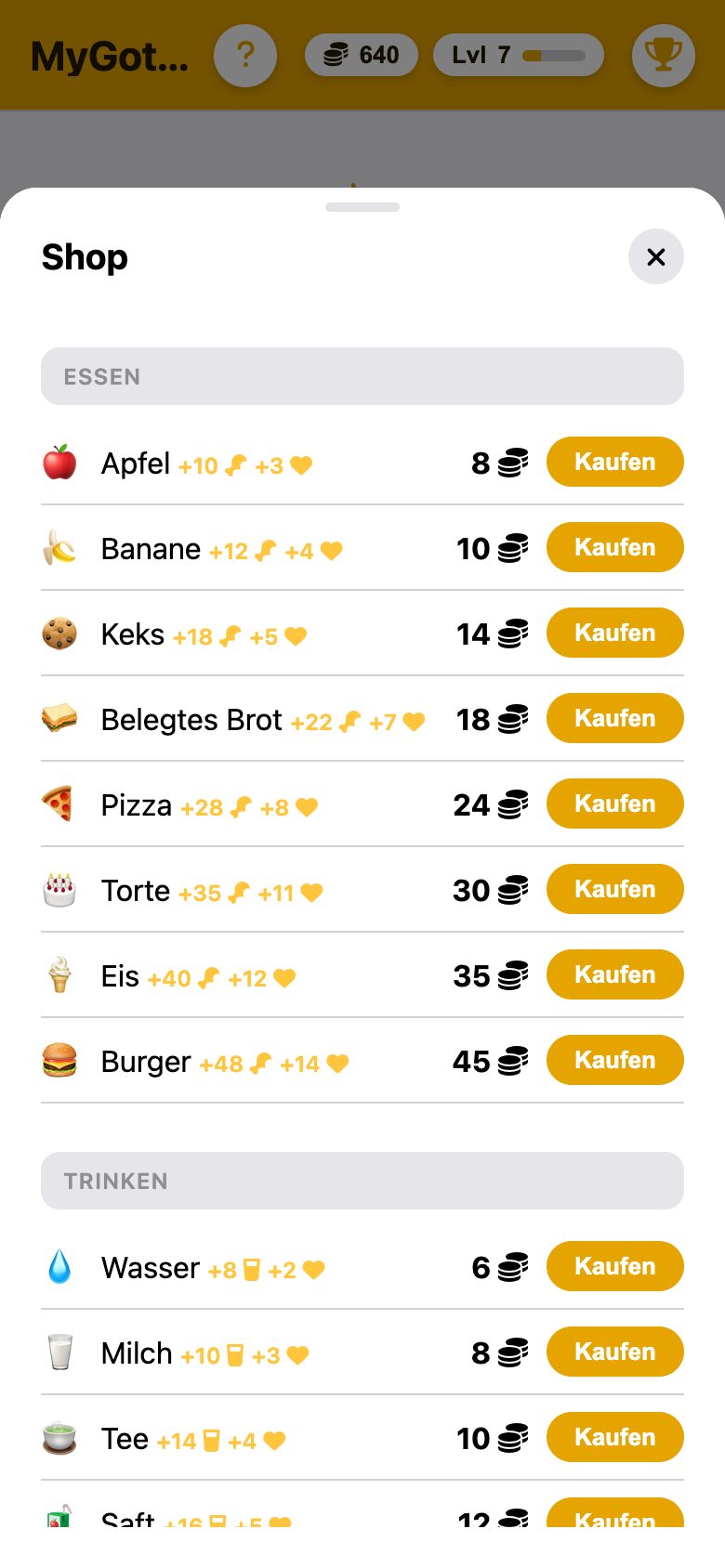 Der Shop mit Essen und Getränken, Preise in Münzen