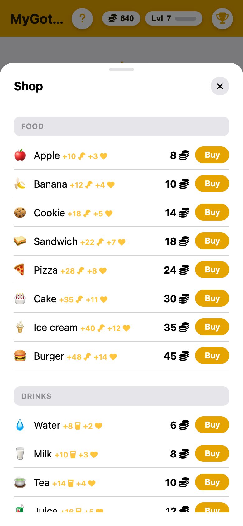 The shop with food and drinks, prices in coins