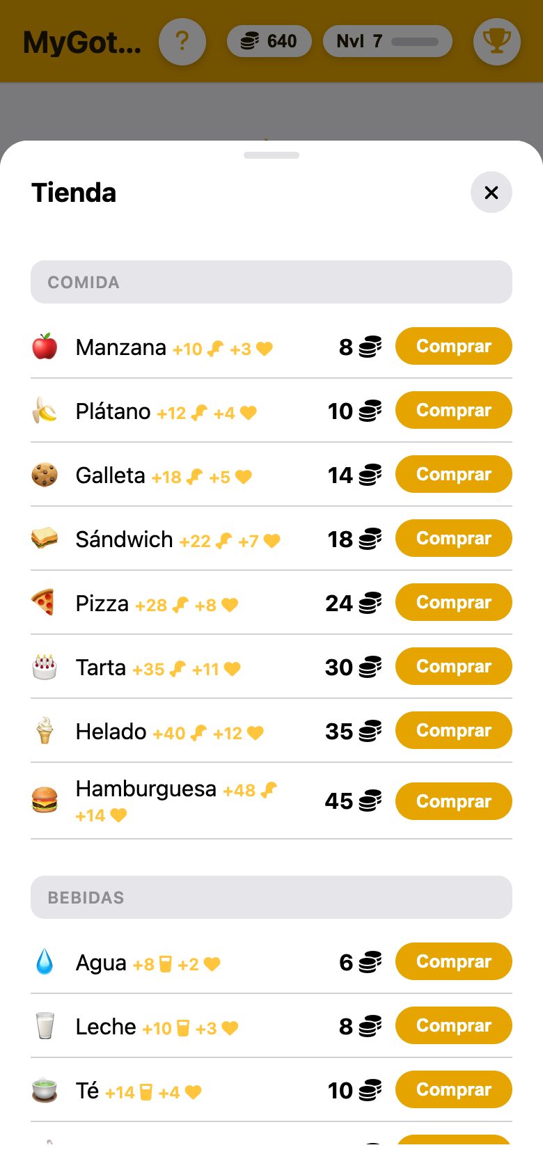 La tienda con comida y bebida, precios en monedas